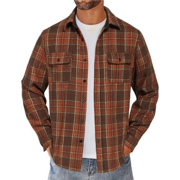 Men's Flannel Brown Shirts Long Sleeve Cotton Plaid Jacket Casual with Pockets - Picture 1 of 6